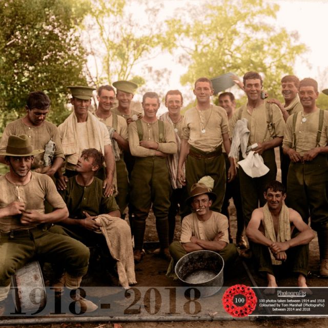 73. Soldiers from the 1st Australian Imperial Force, shown at a military base in their home country around 1916. Originally colourised for the Open University.