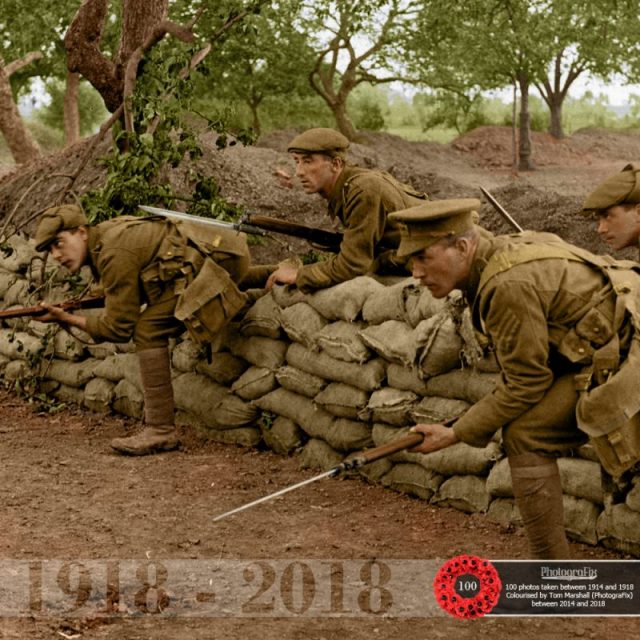 75. A listening post leaving the trench, most likely a staged photo. Photographer H.D. Girdwood. Originally colourised for the Open University.