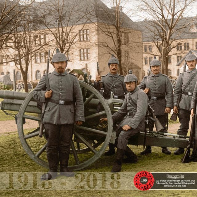 77. A German Field Artillery crew poses with a 7.7 cm Feldkanone 96 field gun in 1914. Originally colourised for the Open University.