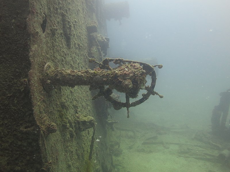 On October 8, 1957, USNS Mission San Miguel  Here you can see the auxiliary helm of the ship, which is resting on its port side.