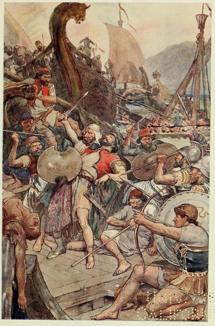 Battle of Salamis, fought between an alliance of Greek city-states and the Persian Empire in September 480 BC; The death of the Persian admiral Ariabignes (a brother of Xerxes) early in the battle.