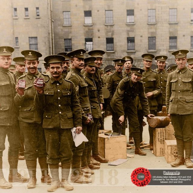 84. Royal Dublin Fusiliers opening provisions, including Fray Bentos tinned meat and Jacob’s Biscuits. Taken at Collins Barracks, Dublin in 1915. Original image © The National Museum of Ireland.