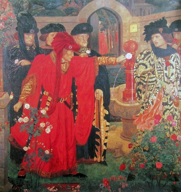 The painting is William Shakespeare’s version of the splitting of nobles into the factions of York and Lancaster, sparking the Wars of the Roses in 15th-century England.