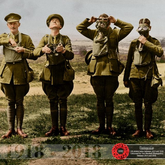 88. Soldiers demonstrating the correct use of gas masks, intended to show stages in adjustment of a Small Box Respirator (SBR), 1916. Original image © The National Museum of Ireland.