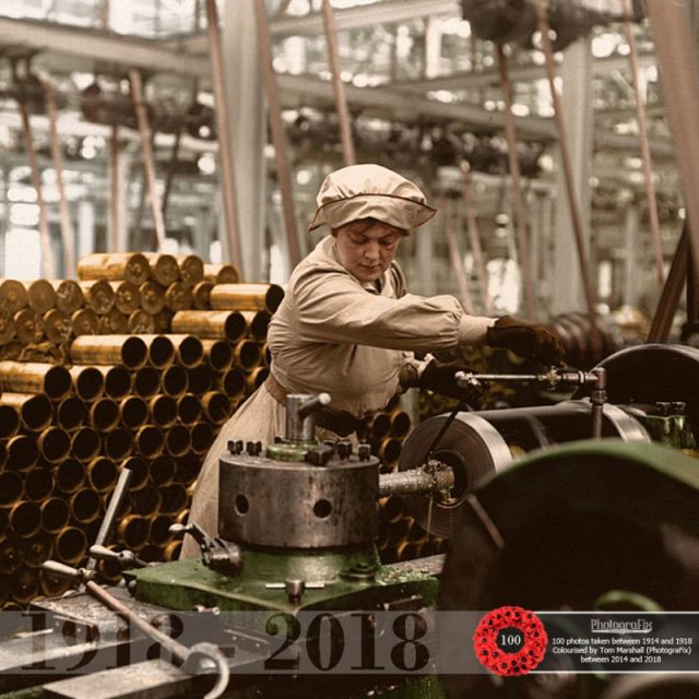 94. A female British munitions worker makes shells for the soldiers fighting at the front during WW1.