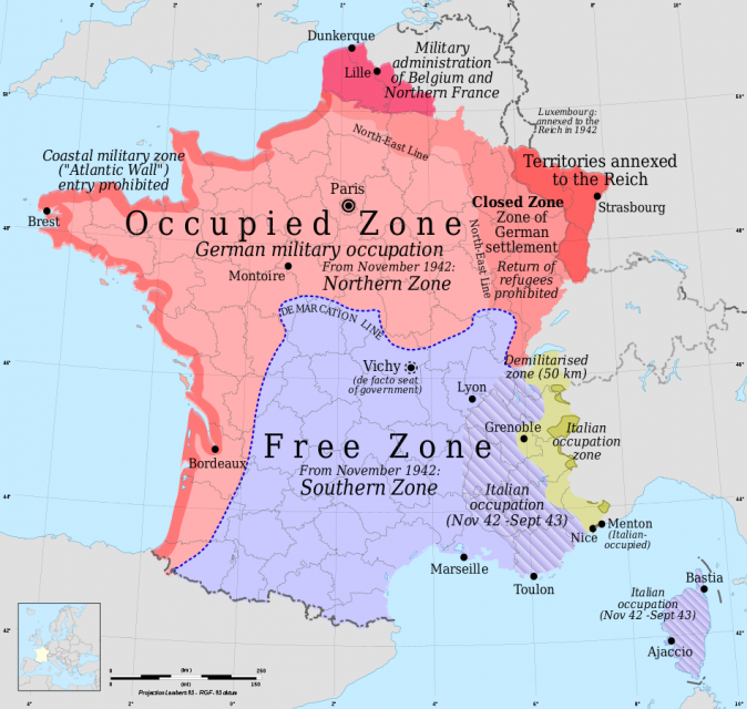 France under German occupation (Nazis occupied the southern zone starting in November 1942—Operation Case Anton). The yellow zone was under Italian administration. Map: Eric Gaba / CC-BY-SA 4.0