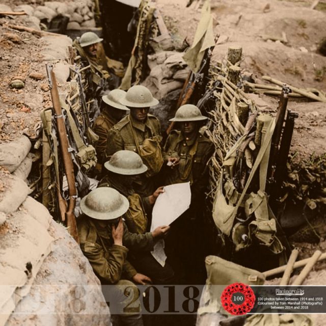 96. Soldiers, probably from the 12th Battalion, the East Surrey Regiment, in a British communication trench in Ploegsteert Wood, during the Battle of Messines, 11th June 1917.
