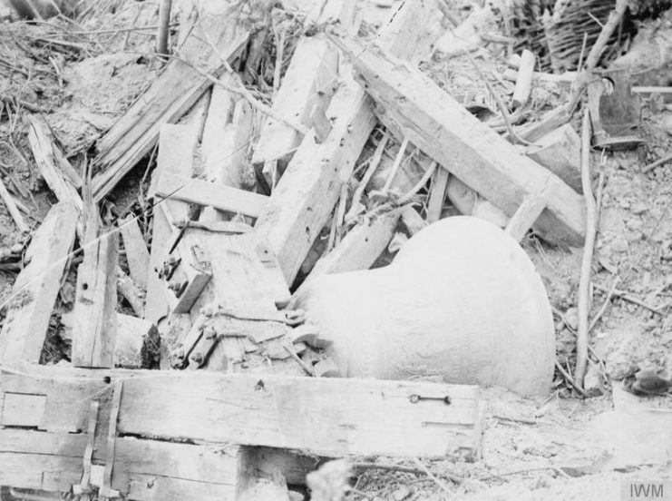 A church bell in a German trench at Grande Bois, near Wytschaete, June 10, 1917.