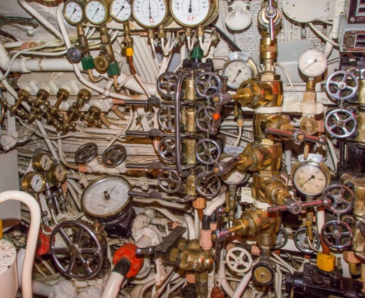 A maze of valves and gauges in the control room of the WWII design British submarine HMS Alliance.Photo: Anguskirk CC BY-NC-ND 2.0