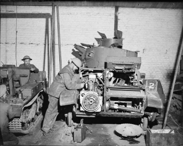 A Mk VI undergoing maintenance, France 1940. The location of the engine, beside the driver, can be seen