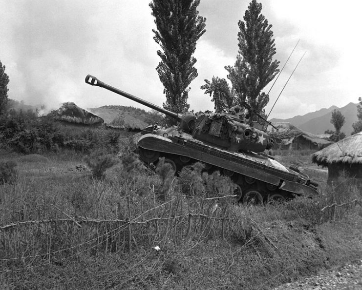 A Pershing tank of the U.S. Marine Corps during the Korean War in 1950.