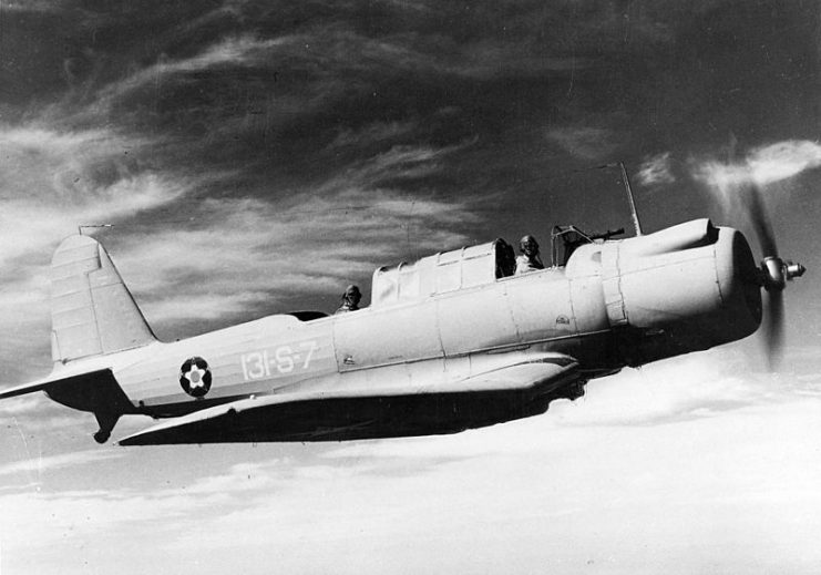 A U.S. Marine Corps Vought SB2U-3 Vindicator from Marine Scout Bombing Squadron VMSB-131 Diamondbacks in flight.