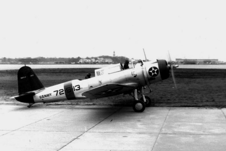 A U.S. Navy Vought SB2U-2 Vindicator (BuNo 1369) of scouting squadron VS-72 taxis at Naval Air Station Norfolk, Virginia (USA), in January 1941