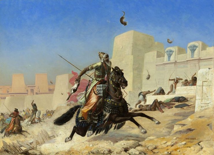 According to Polyaenus, the Persian soldiers allegedly used cats – among other sacred Egyptian animals – against the Pharaoh’s army. Paul-Marie Lenoir’s paintwork, 1872.
