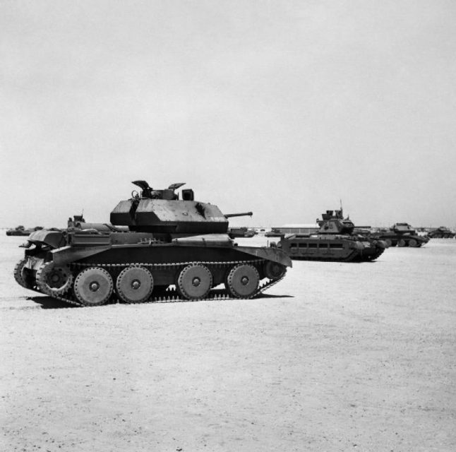 An A13 Cruiser Mk IV and a Matilda tank at a depot in Egypt, 5 September 1941.