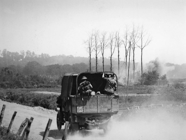 Australian military truck traveling to Hill 63 during an attack on the ANZAC batteries in Messines.