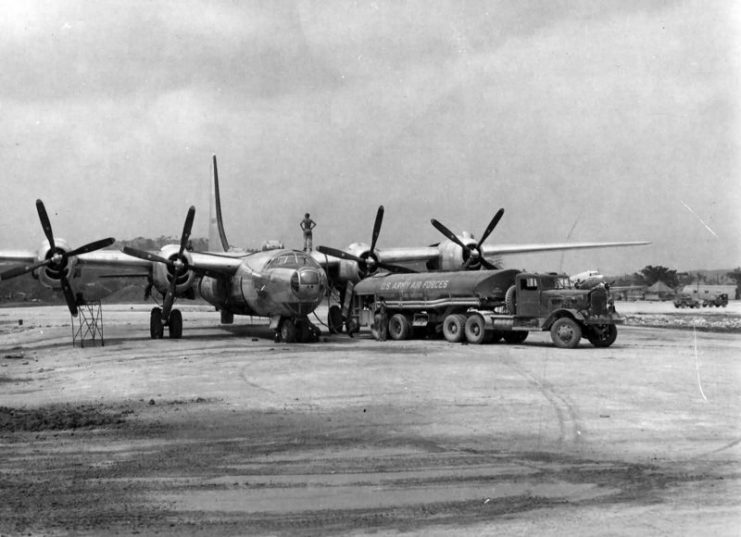 B-32 42-108543 of the 312th Bomb Group refueling Yontan airfield Okinawa