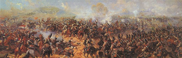 French and Russian cavalry clash behind the Raevsky redoubt during the Battle of Borodino. Details from Roubaud’s panoramic painting.