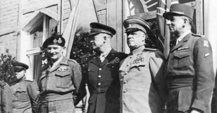 The Supreme Commanders of the Four Powers on June 5, 1945, in Berlin: Bernard Montgomery, Dwight D. Eisenhower, Georgy Zhukov and Jean de Lattre de Tassigny.Bundesarchiv, Bild 183-14059-0018 / CC-BY-SA