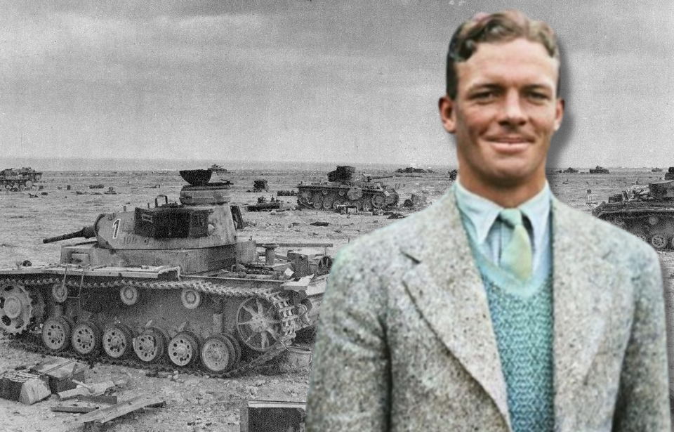 Soldiers standing around damaged Panzer III tanks + Portrait of Bob Crisp