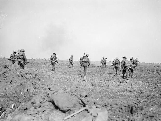 British troops moving up to the attack during the Battle of Morval, 25 September 1916.
