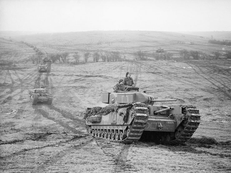 Churchill tanks of 9th Royal Tank Regiment during an exercise at Tilshead on Salisbury Plain, 31 January 1942
