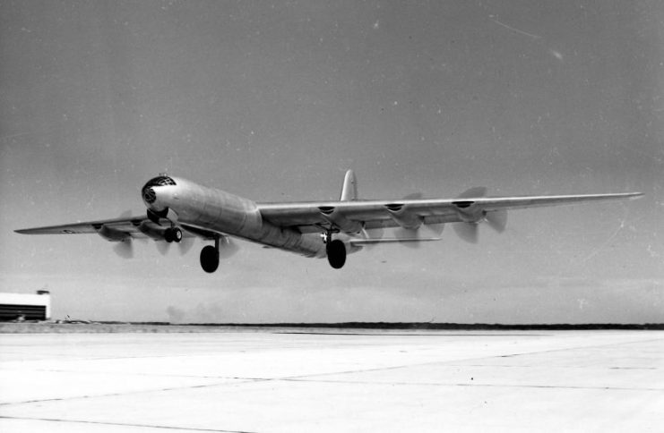 The XB-36 showing the giant single tires. Production aircraft had a four-wheel main gear instead.