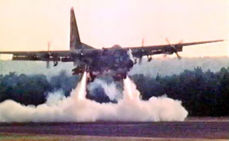 The C-130 prototype firing rockets to shorten its landing.
