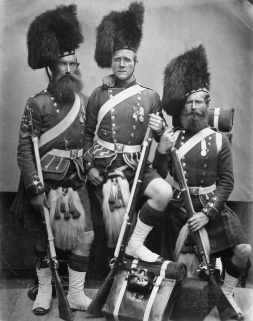 Colour Sergeant William Gardner, Donald McKenzie and George Glen, 42nd Royal Highlanders with their equipment.