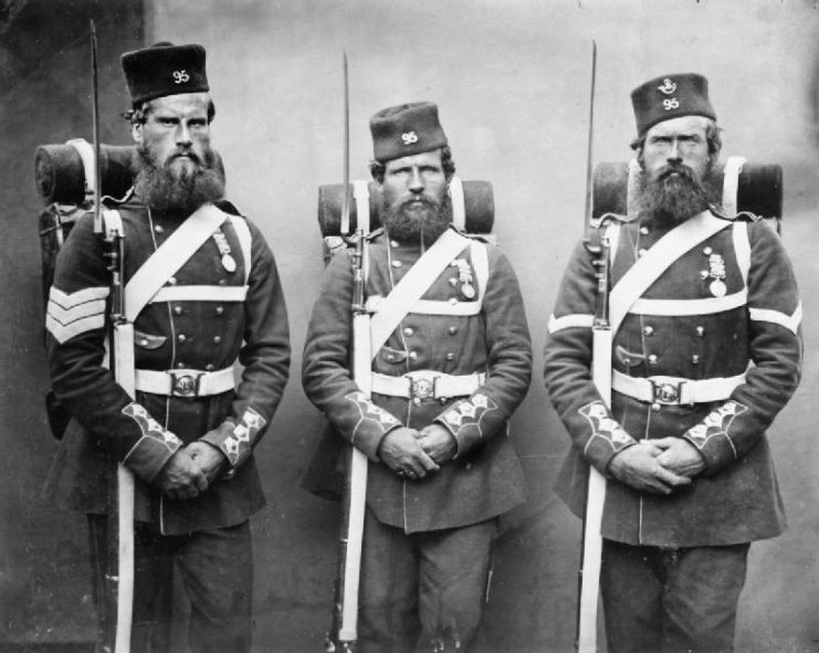 Portrait of Sergeant John Geary, Thomas Onslow and Lance Corporal Patrick Carttay, 95th Regiment (Derbyshire) Regiment of Foot, wearing their packs and equipment. The 95th Regiment won eight Victoria Cross awards in the Crimea