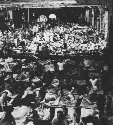 The hangar bay of the U.S. aircraft carrier USS Enterprise (CV-6) during a “Magic Carpet” voyage to bring U.S. servicemen back to the U.S. from Europe in late 1945.