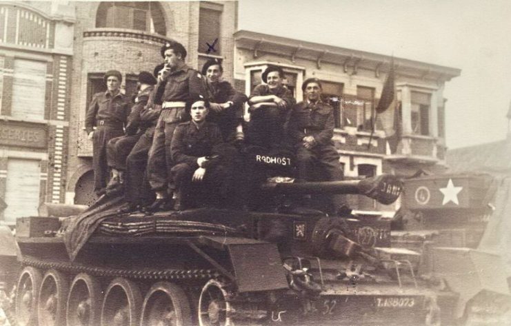 Czechoslovak soldiers on a Cromwell tank near Dunkirk in 1945.