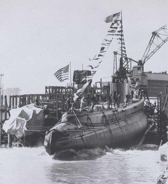 February 14th, 1942. USS Wahoo (SS-238) launching in Mare Island shipyard.