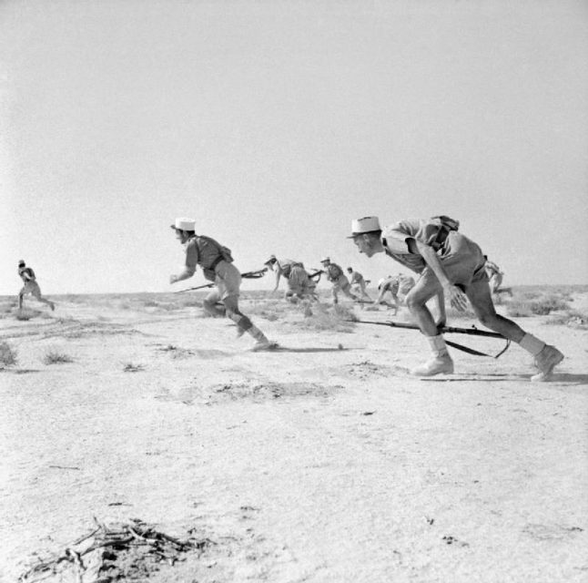 Free French Foreign Legionnaires assaulting an Axis strong point at the battle of Bir Hakeim, 1942.