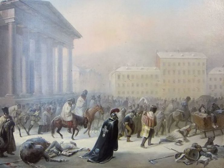 French Army in the Town Hall Square of Vilnius during the retreat