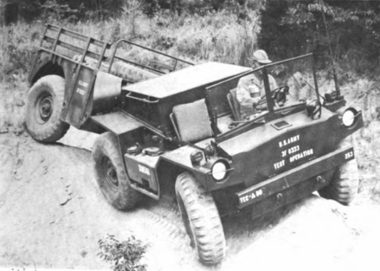 The Army’s one-and-quarter-ton truck, the Qama Goat, a forward area tactical vehicle with unusual mobility, undergoes test in a rough terrain