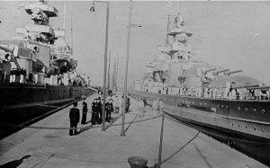 German battleships Scharnhorst (left) and Gneisenau In a German port, circa 1939-41.