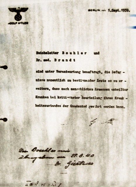 Hitler’s order for Aktion T4.Aktion T4 was a postwar name for mass murder through involuntary euthanasia in Nazi Germany.