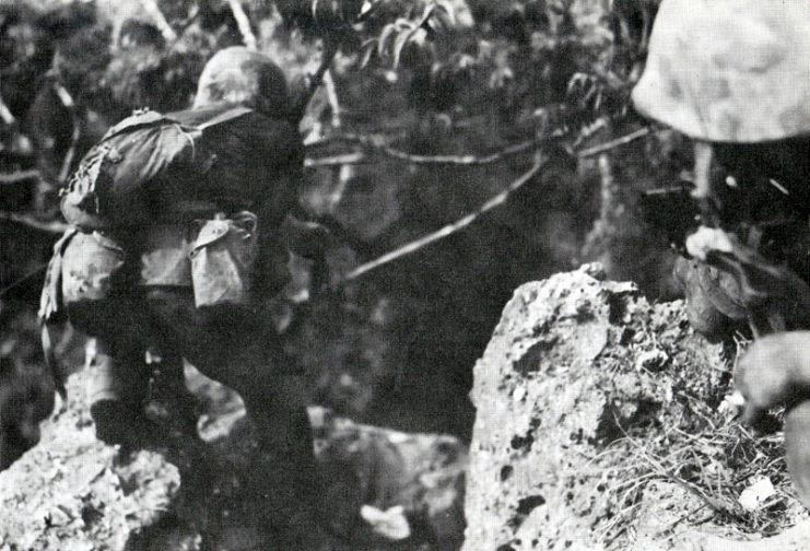 Holding a Colt M1911, a Marine moves cautiously through the jungle of Saipan. July 1944.