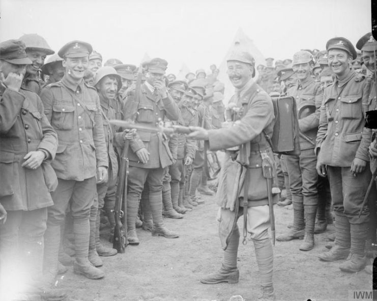 Inniskilling Fusiliers and other troops of the 16th Division with souvenirs of the capture of Wytschaete. Near Bailleul, June 11, 1917.
