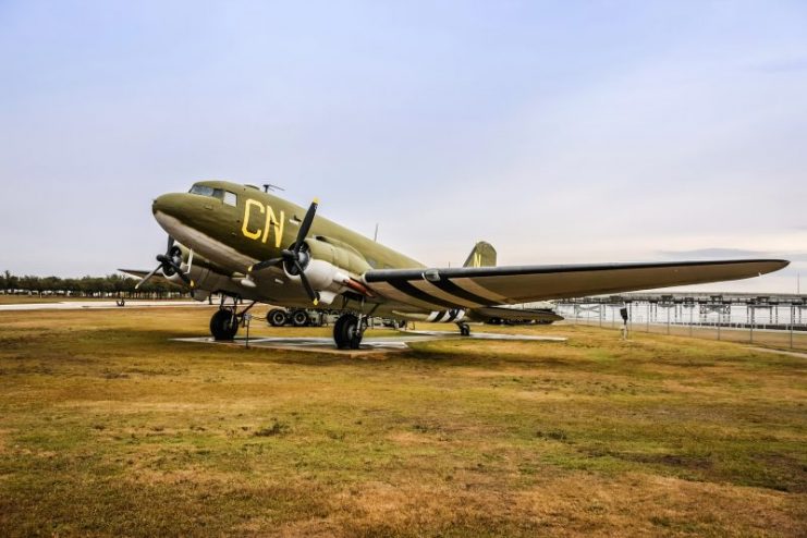 Mobile, AL, USA – December 23, 2014: A WW2 Douglas C47D Skytrain transport plane at the USS Alabama Memorial Park in Mobile