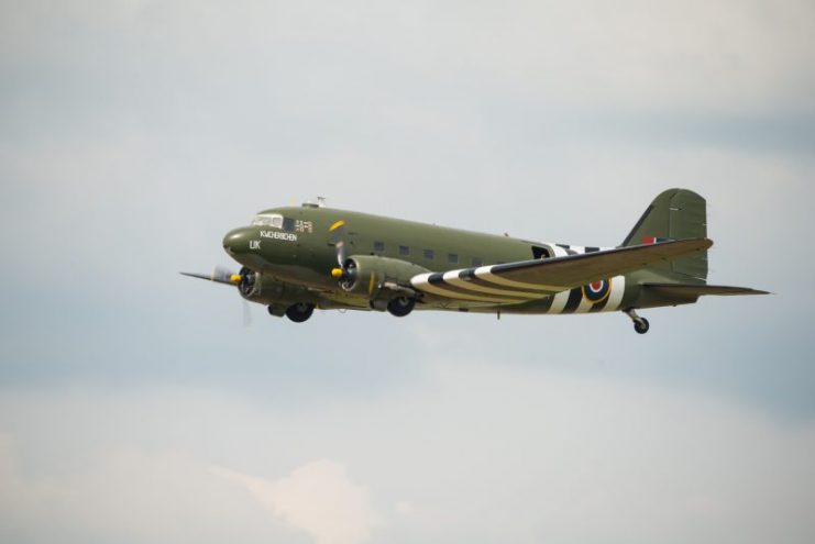 Fairford, UK – 12 July, 2014: Veteran Douglas DC3 ‘Kwicherbichen’ in flight and displaying at the Royal International Air Tattoo.