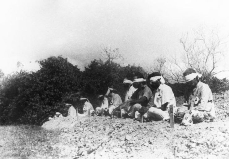 The Sikh prisoners are here seen seated blindfolded with target marks hanging over their hearts and stakes placed in the ground in front of them bearing the butt numbers of each “target”. They sit with dignity awaiting their end.