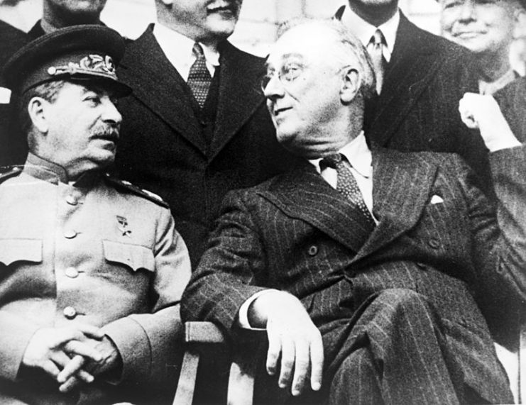 Joseph Stalin and Franklin Delano Roosevelt at the Tehran Conference.