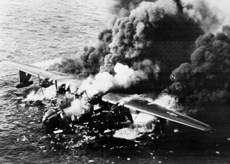 JRM-1 Marshall Mars burning near Honolulu, Hawaii, 5 April 1950