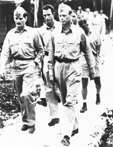 L–R (foreground) Maj. Joe Foss, Maj. Marion Carl and advisor Charles Lindbergh in South Pacific, May 1944