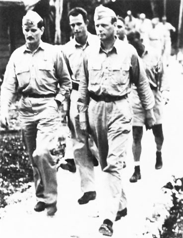 L–R (foreground) Maj. Joe Foss, Maj. Marion Carl and advisor Charles Lindbergh in South Pacific, May 1944
