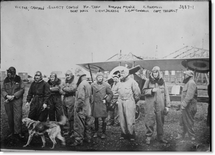 Lafayette Escadrille pilots with Fram and a Nieuport 16, March 1916.
