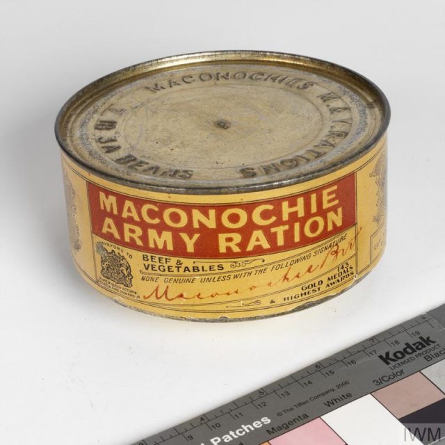 Empty tin of Maconochie’s ‘beef and vegetables’ ration. © IWM.