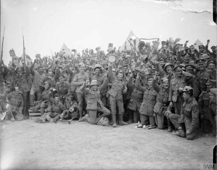 Men of the Royal Inniskilling Fusiliers with their trophies after the capture of Wytschaete, 36th (Ulster) Division. Near Dranouter, June 11, 1917.